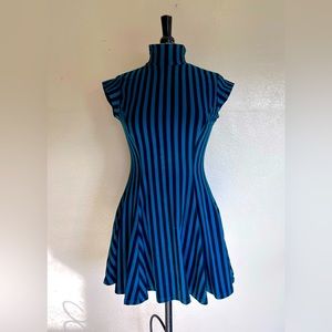 Vintage Betsey Johnson punk black and teal striped A-line mini dress